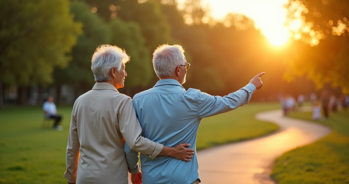 Casal de idosos caminhando em parque ao nascer do sol simbolizando propósito e envelhecimento saudável 