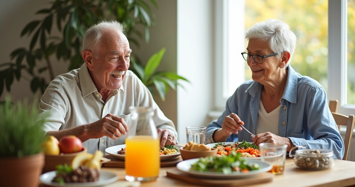 Casal idoso em mesa colorida com alimentos saudáveis para saúde digestiva. 