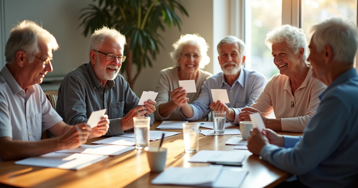 Idosos sorrindo com carteira de trabalho sobre a mesa 