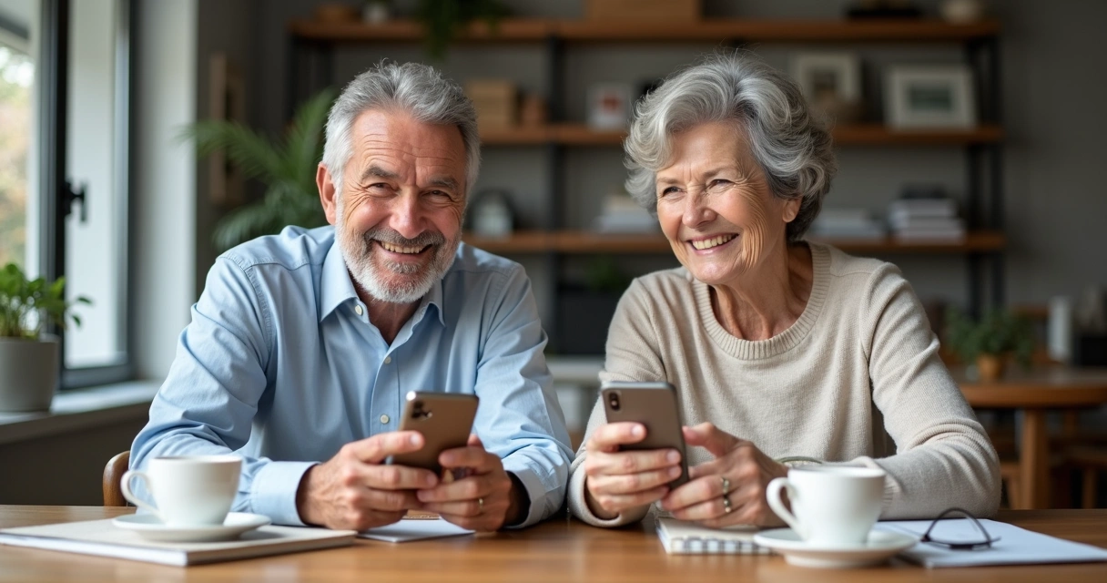 Casal de idosos sorrindo usando iPhones sentados juntos em uma mesa 