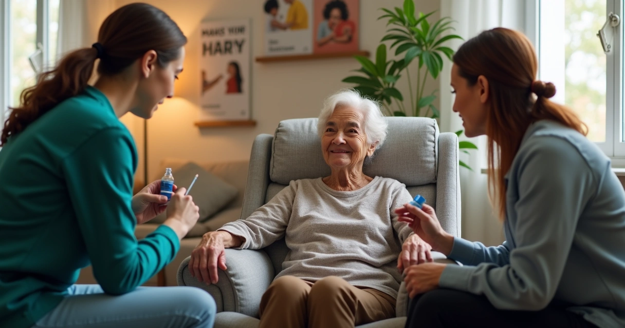 Equipe de saúde vacinando idosa sentada em poltrona 