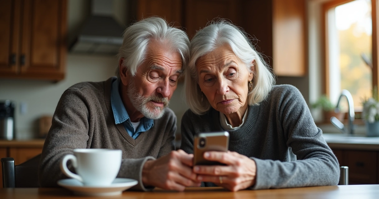 Dois idosos de cabelo grisalho olhando juntos a tela de um celular 