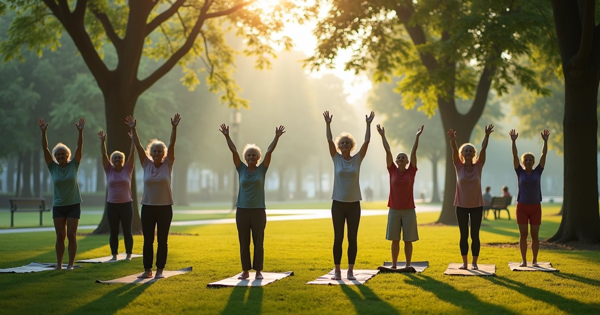 Grupo de idosos fazendo alongamento consciente em parque ao amanhecer 