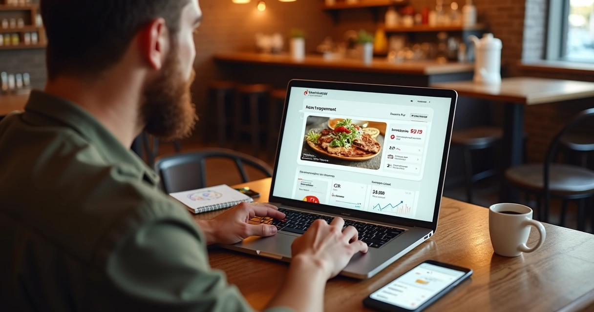 Dono de restaurante usando notebook para anúncios no iFood 