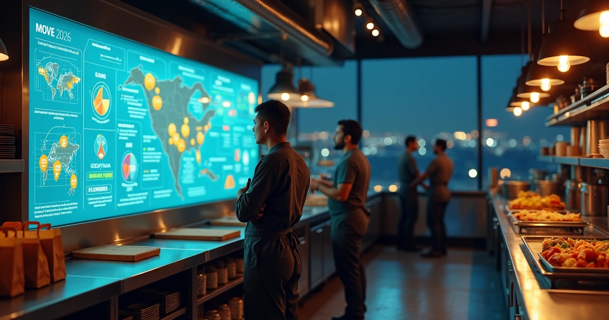 Operador de cozinha observando painel digital com mudanças no delivery para 2026 