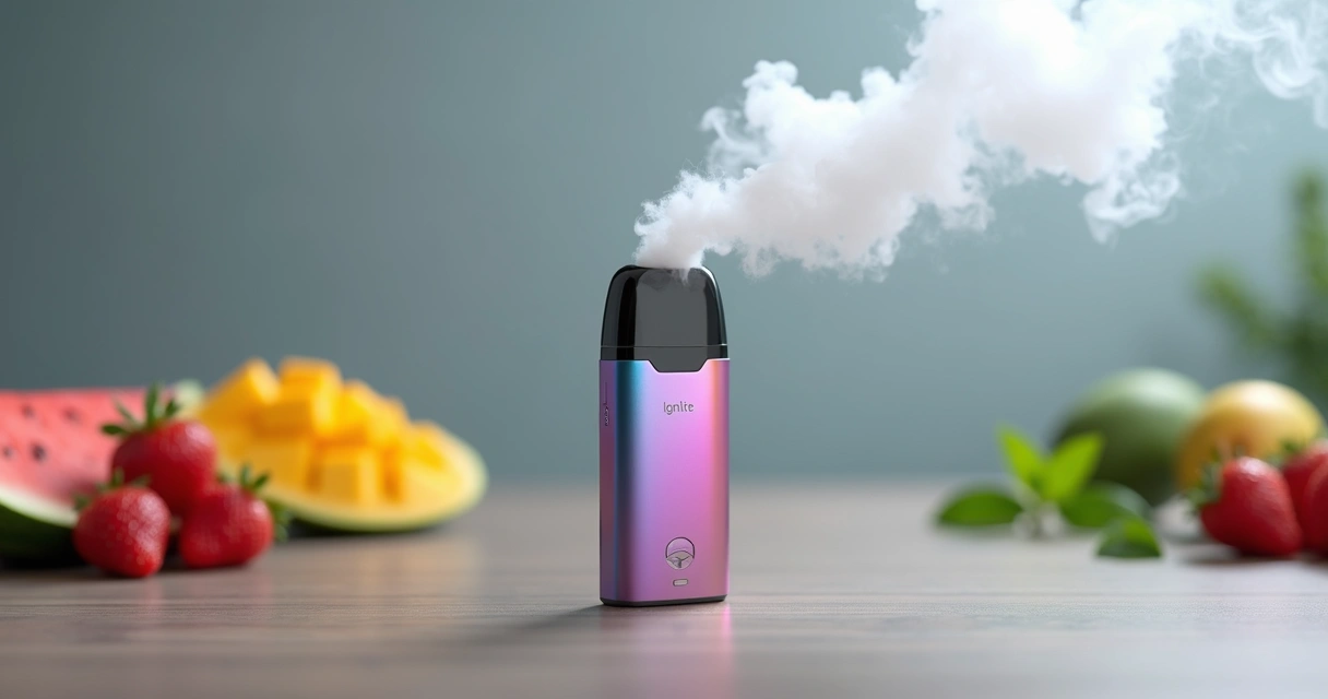 Pod descartável Ignite apoiado em mesa com vapor e frutas variadas ao fundo 