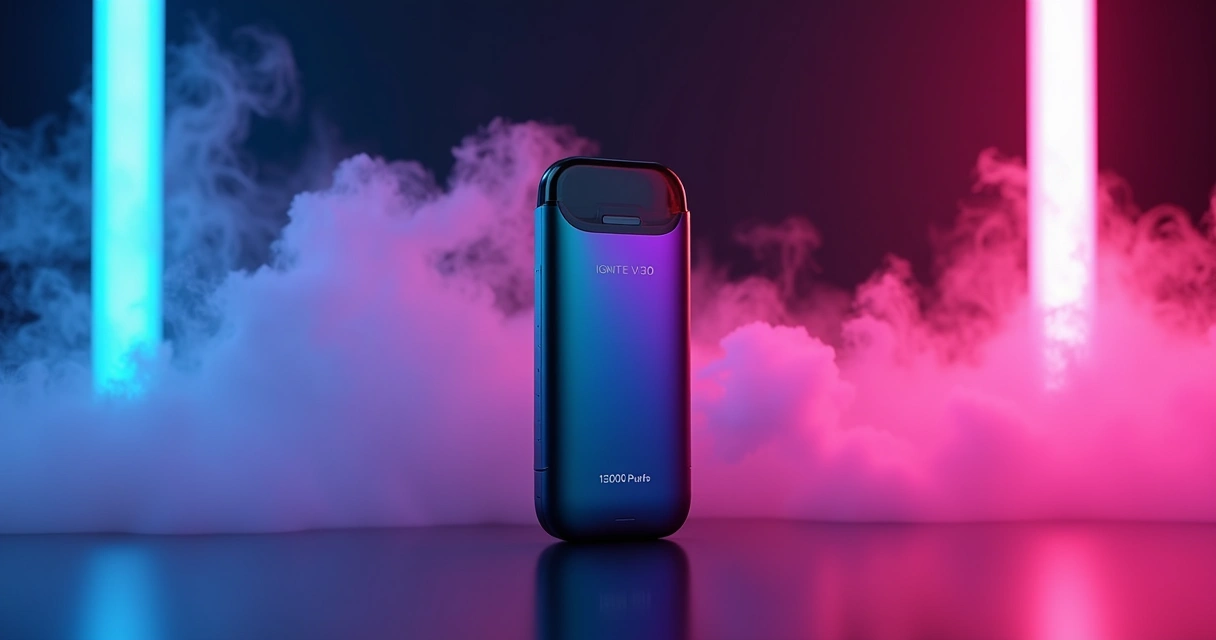 Pod descartável Ignite V150 em destaque com 15000 puffs e vapor colorido ao fundo 