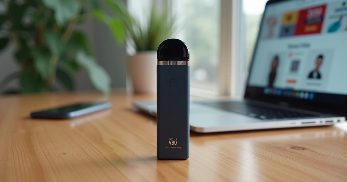 Pod descartável Ignite V80 em destaque sobre mesa com notebook e smartphone 