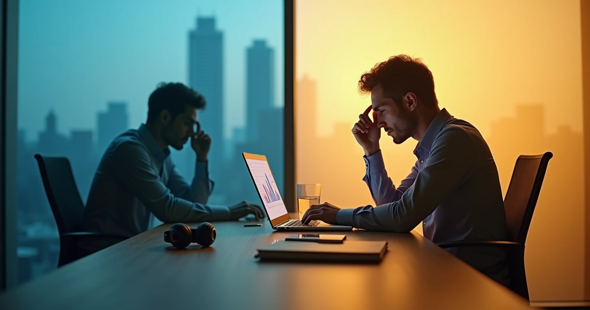 Businessperson split between rational decisions and suppressed emotions 