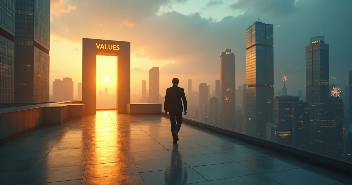 Business person walking past a glowing doorway labeled values toward a darker chaotic cityscape 