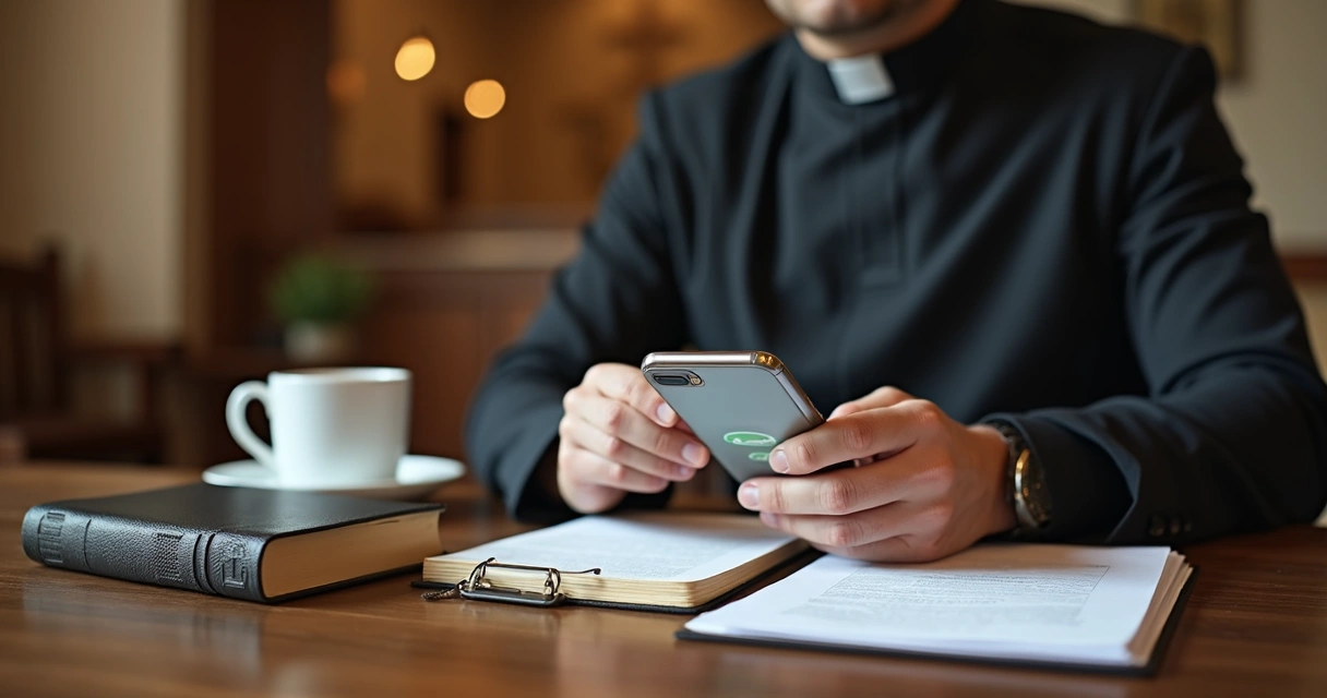 Pastor usando smartphone para acompanhar membros da igreja 