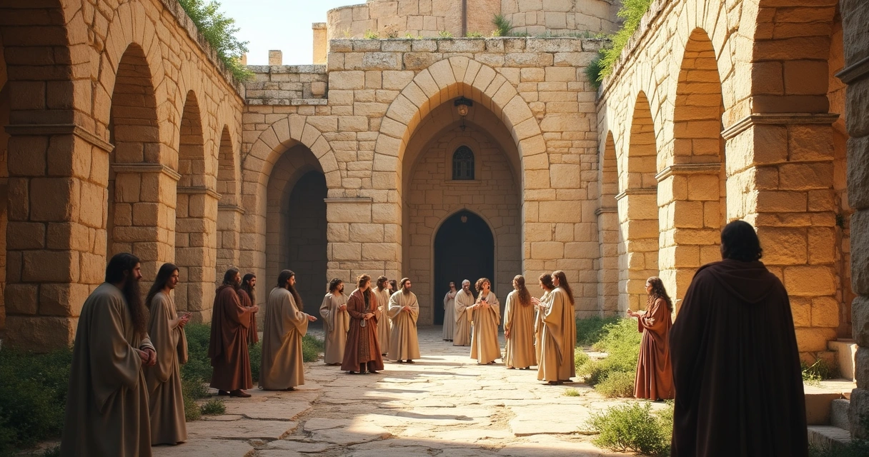 Igreja antiga de pedra com detalhes romanos e grupo reunido em frente 