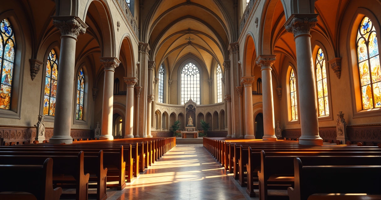 Interior de igreja com vitrais e esculturas religiosas iluminadas por luz natural 