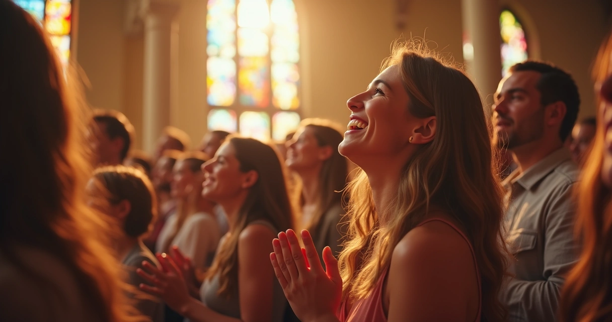 Igreja cheia durante Páscoa respondendo Ele ressuscitou mesmo 