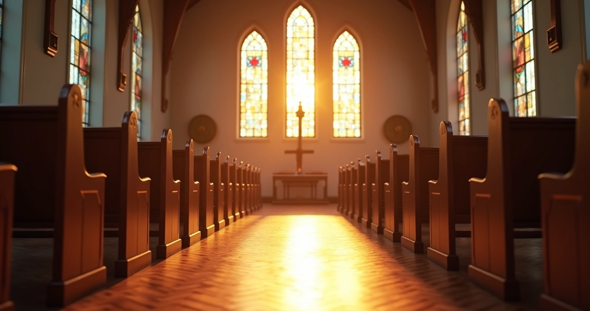 Interior de igreja com bancos vazios e altar ao fundo 