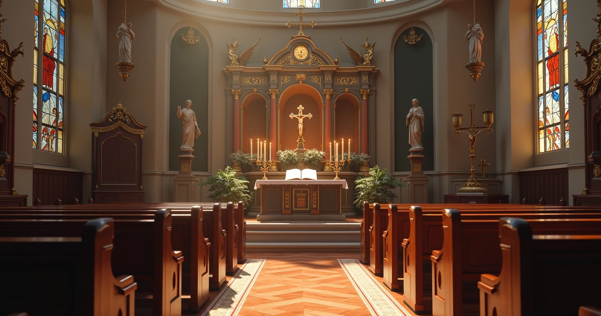 Interior detalhado de igreja católica com altar, luz natural e elementos da liturgia 