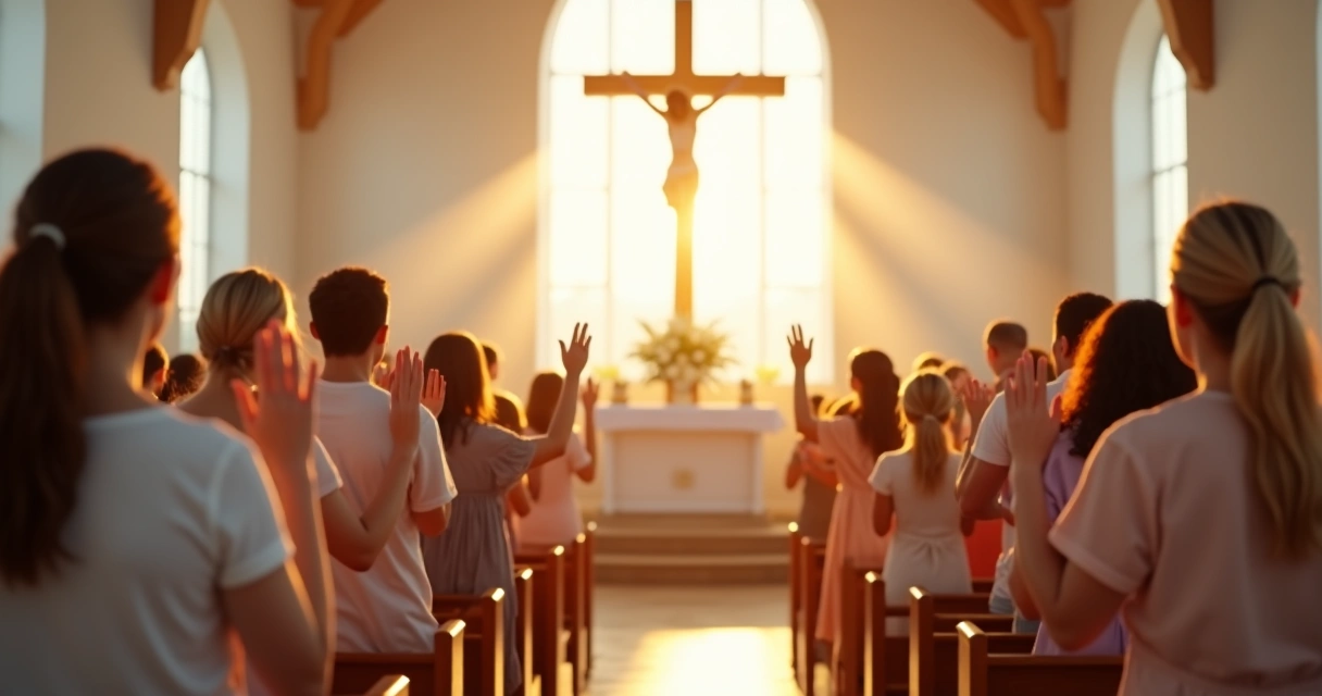 Fiéis em igreja ao amanhecer comemorando a ressurreição na Páscoa 
