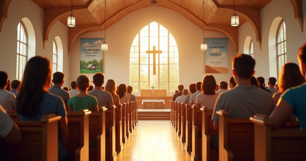 Igreja durante um culto, energia solar ajudando na iluminação 