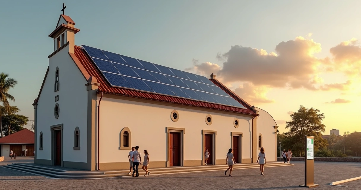 Fachada de igreja em Pernambuco com painéis solares no telhado ao pôr do sol 