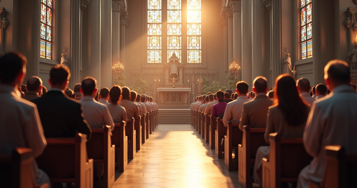 Interior detalhado de igreja católica com hierarquia clerical em ordem, fiéis em silêncio e ambiente sereno 
