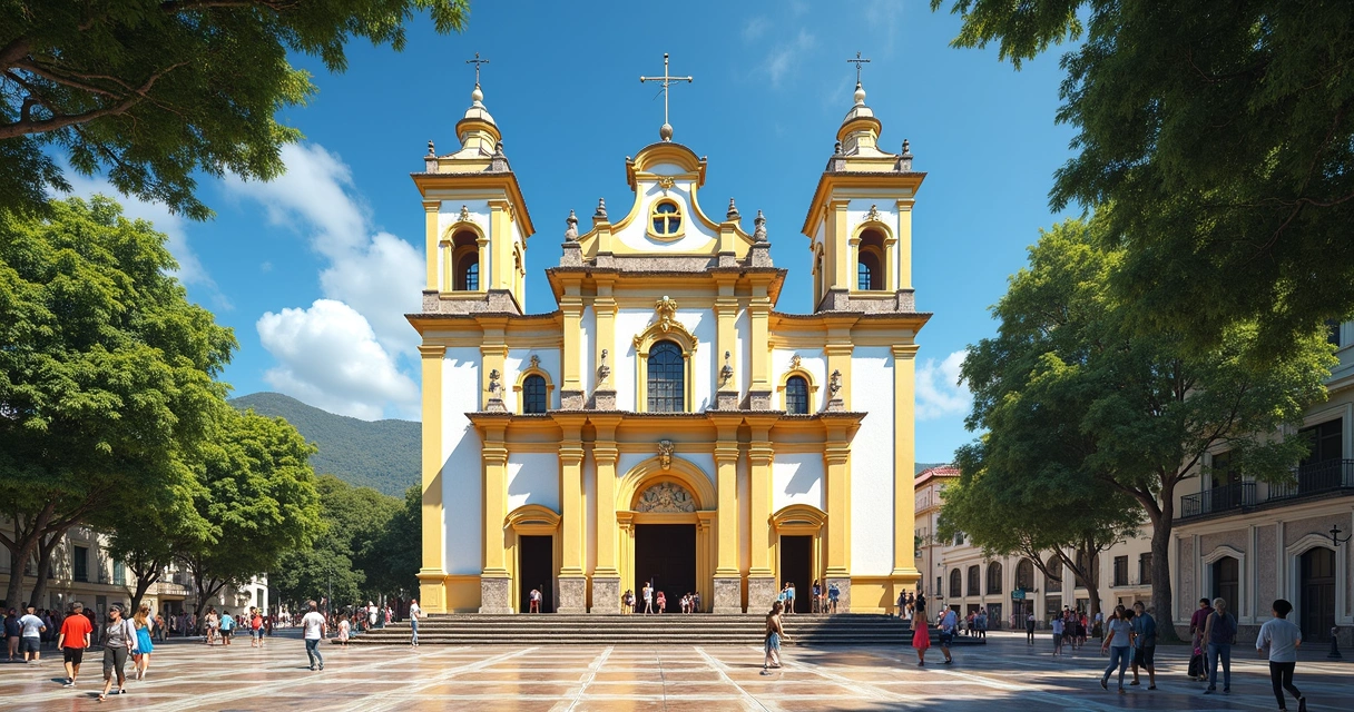 Fachada de igreja colonial cercada por árvores e pessoas 