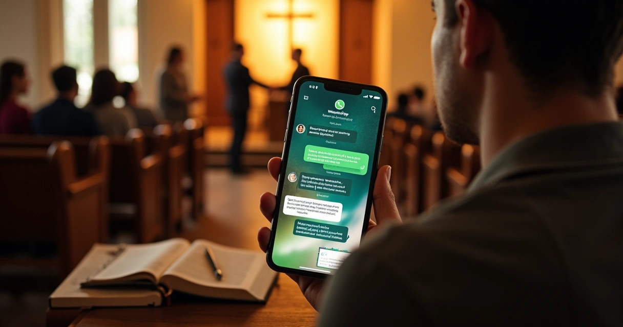 Fiel sentado em banco de igreja olha notificações de WhatsApp no celular 