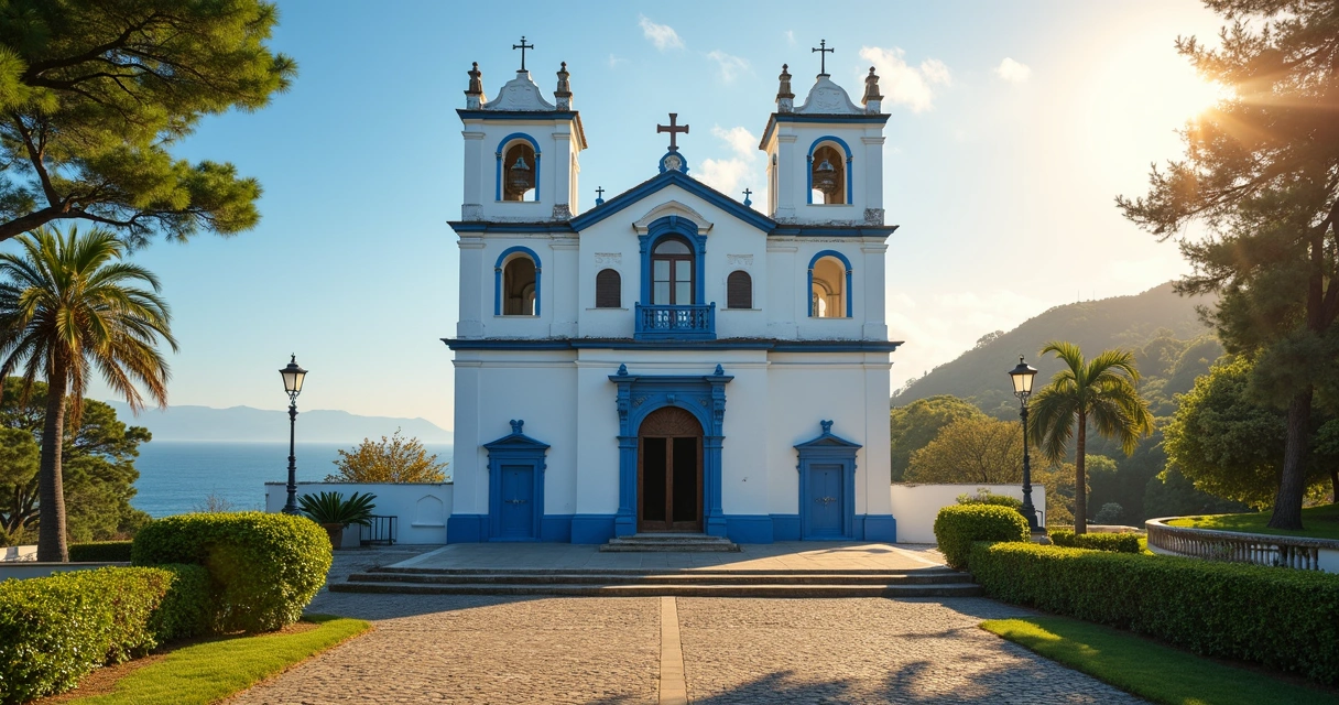 Fachada branca e azul da Igreja de Nossa Senhora d’Ajuda 