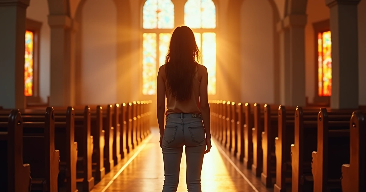 Jovem ajoelhada rezando em igreja vazia ao entardecer 