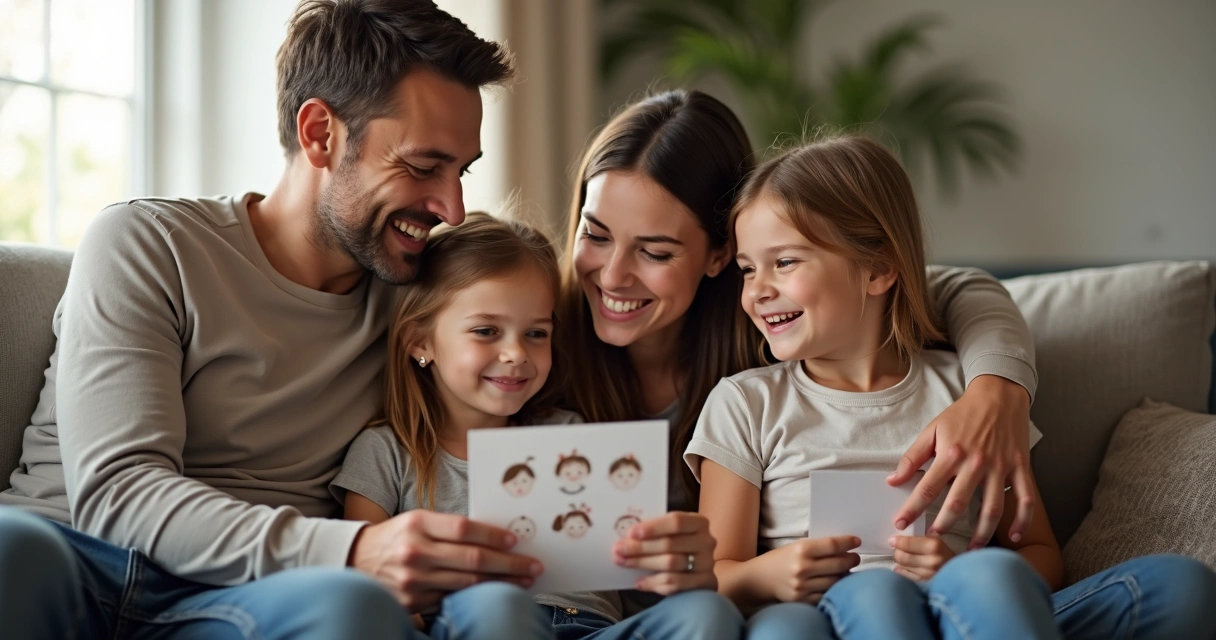 Familia con dos niños pequeños sentados en el sofá, hablando y mostrando emociones 