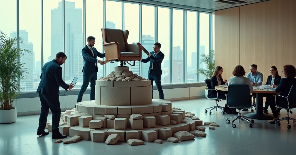 Grupo diverso desmontando um pedestal de poder em ambiente corporativo moderno 