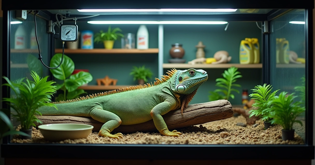 Iguana em terrário com termômetro e plantas artificiais