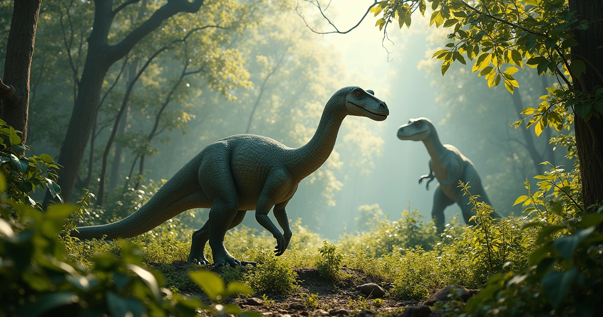 Iguanodonte herbívoro em uma floresta densa, destacando seu bico e polegar defensivo, com um T. rex ao fundo.