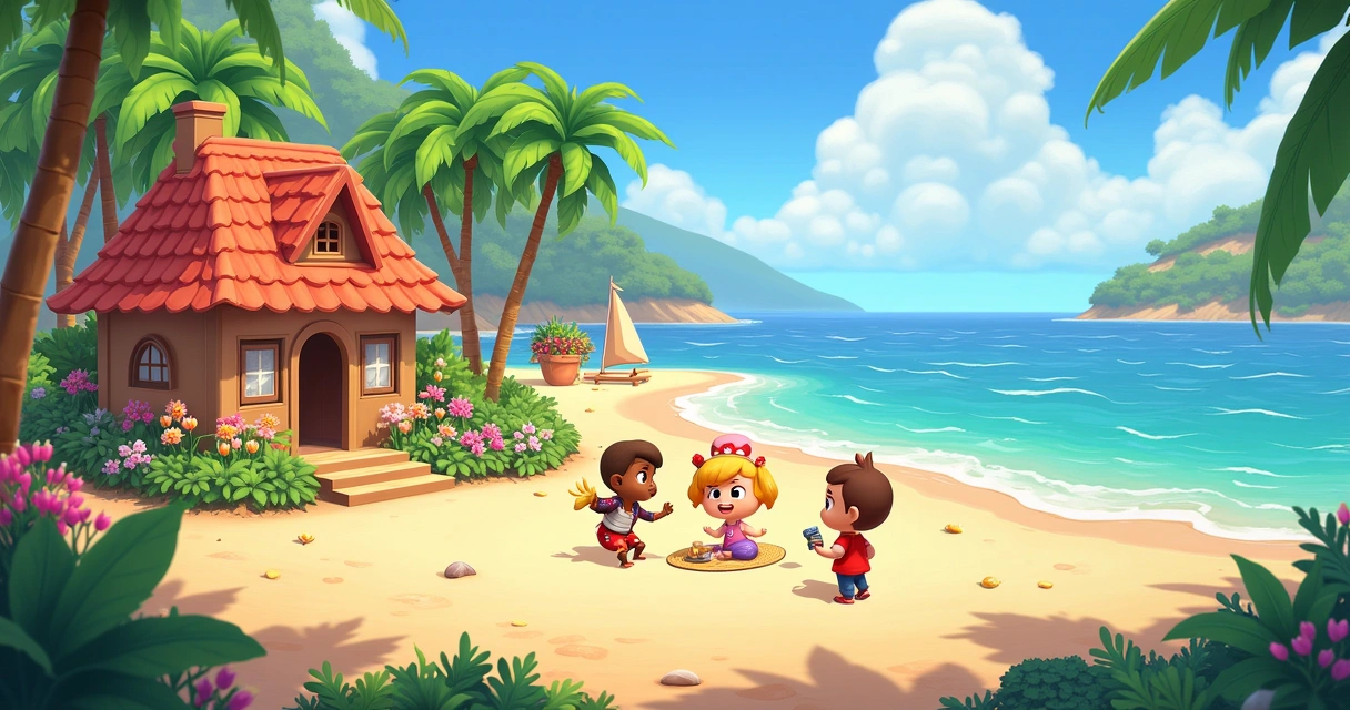 Ilha tropical estilizada de Animal Crossing, com casa, jardim, moradores felizes, e vista para o oceano.