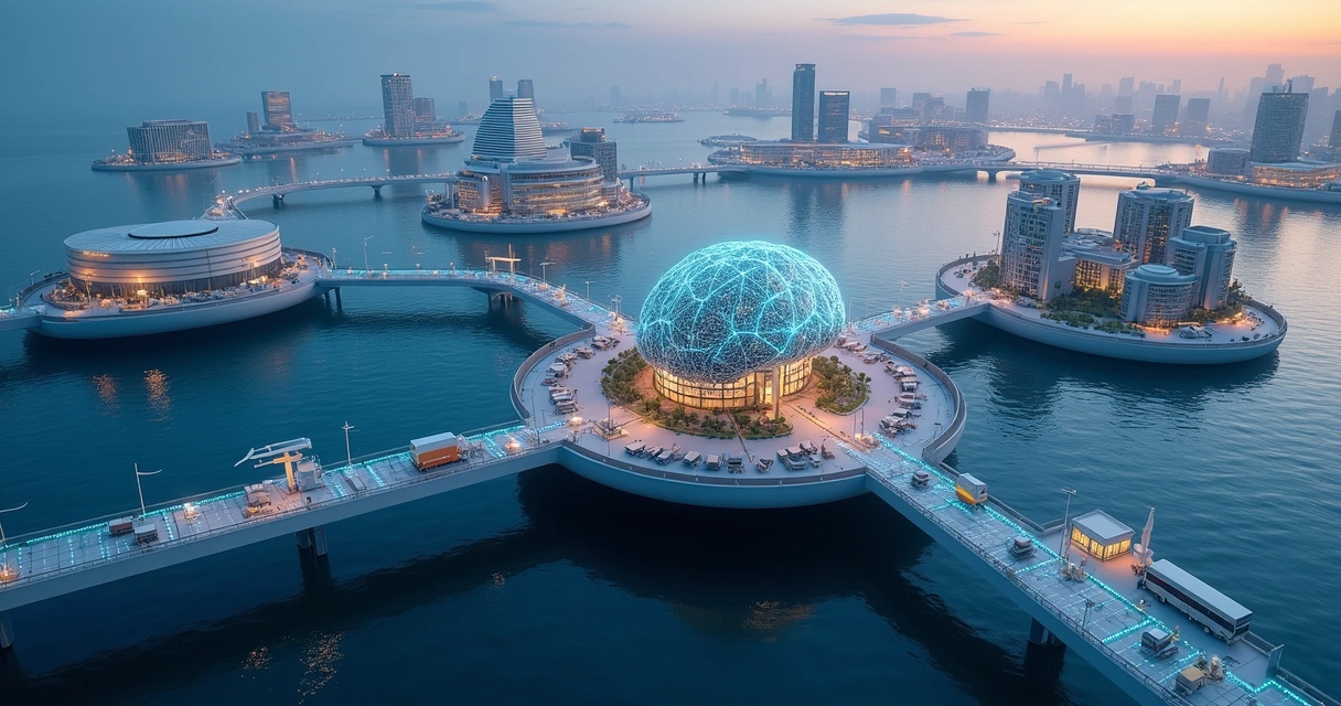 Ilha em formato de cérebro ligada por pontes de luz a fábricas e escritórios futuristas 