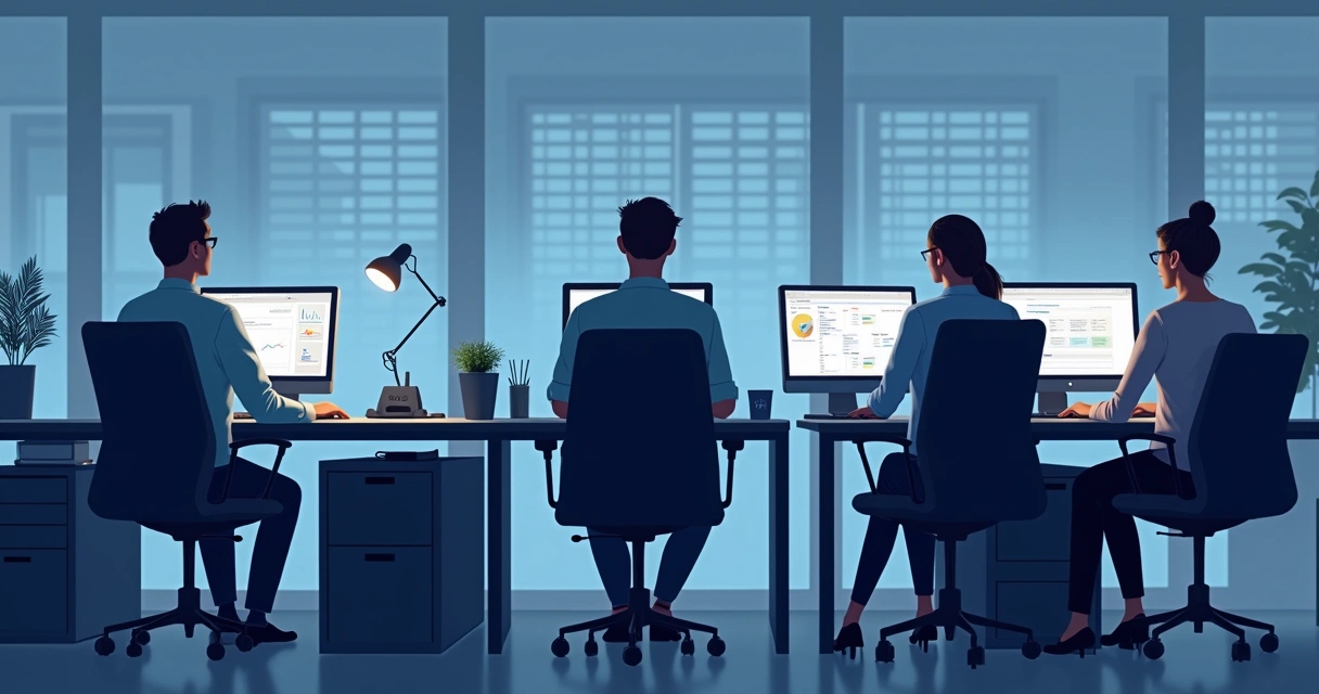 Equipe contábil trabalhando separada em diferentes mesas 