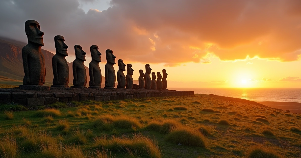 Moais alinhados ao pôr do sol com gramados e oceano ao fundo 