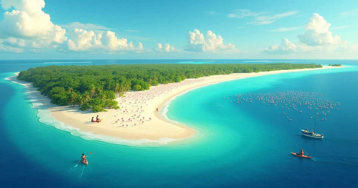 Vista aérea de ilha com manguezais e dunas, vegetação tropical e águas azuis 