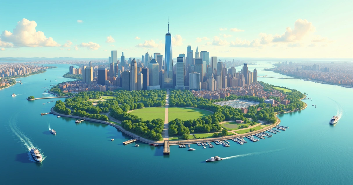 Vista aérea da ilha de Manhattan com rios e arranha-céus ao fundo. 