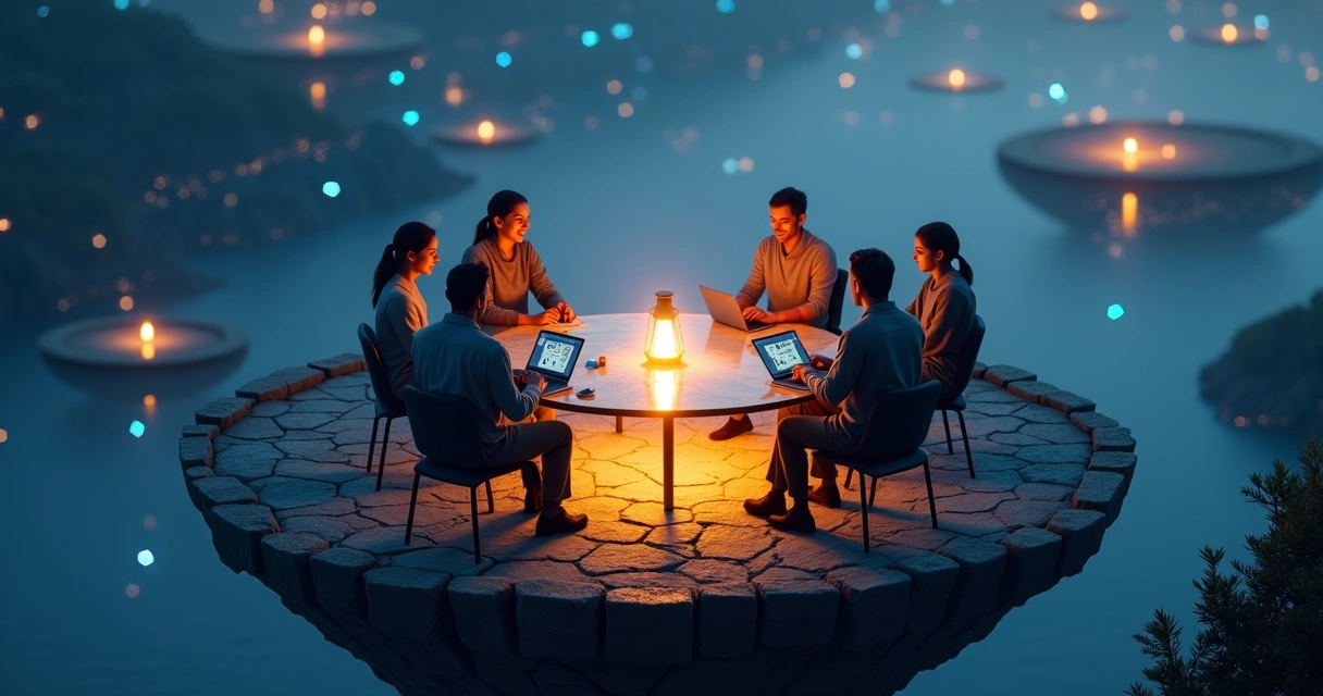 Grupo diverso em ilha digital conectada por ponte de luz 