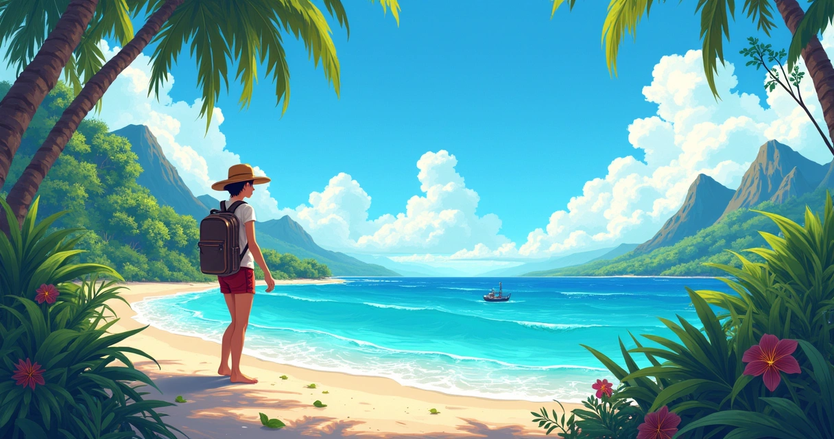 Uma ilha tropical com uma pessoa explorando quebra-cabeças coloridos em um cenário vibrante e natural.