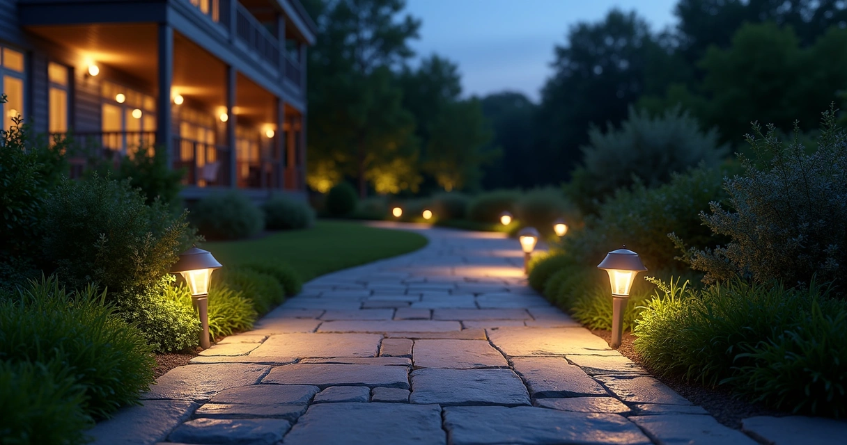 Well-lit garden walkway at night 