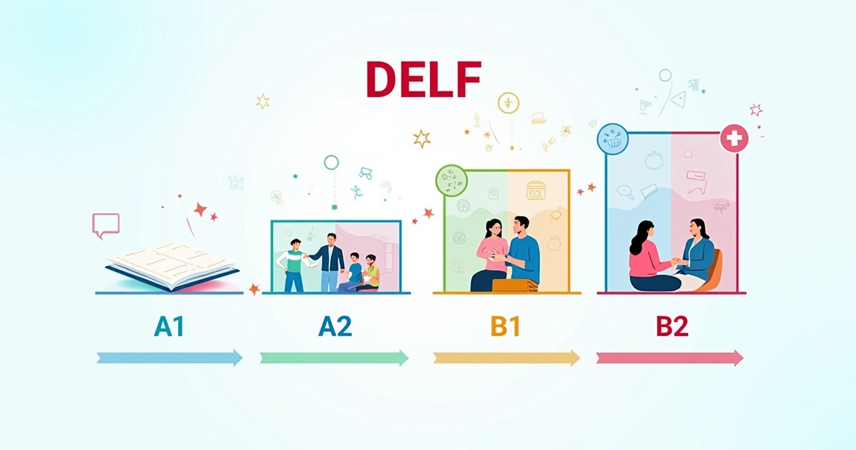 Illustration representing DELF certification levels A1 to B2 with icons, arrows, and a gradient background.