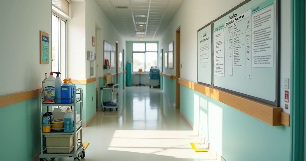 Corredor de ILPI organizado com placa de vigilância sanitária ao fundo 