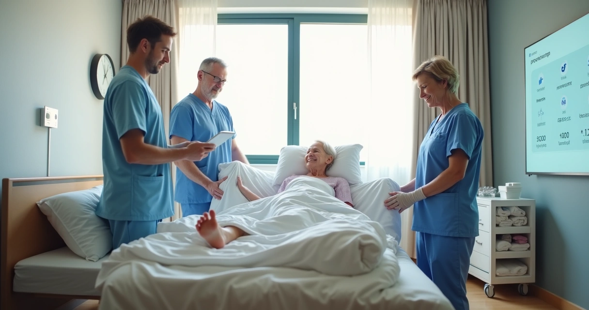 Equipe em ILPI reposicionando paciente acamado com apoio de prontuário digital 