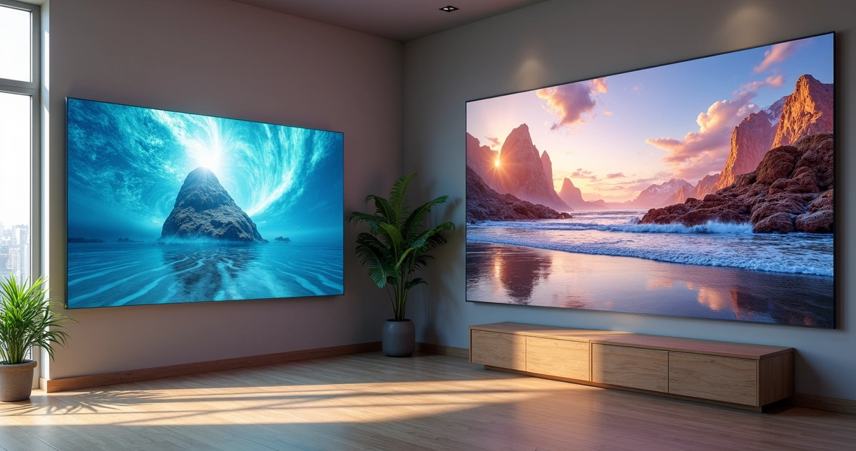 Duas telas diferentes comparando LED e LCD em sala iluminada. 