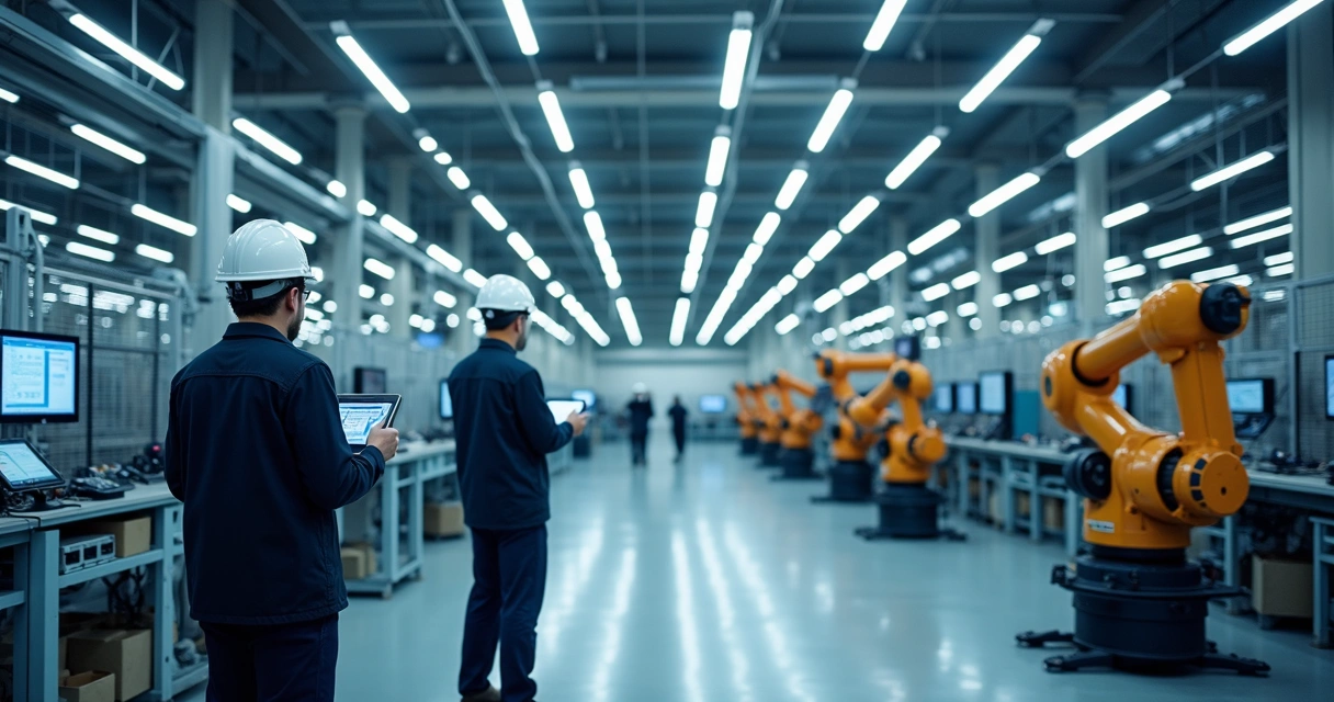 Ambiente industrial com iluminação LED e automação 
