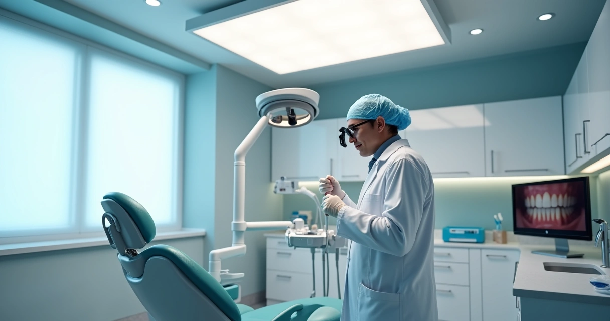 Dentista ajustando iluminação do consultório usando lupa Zumax 