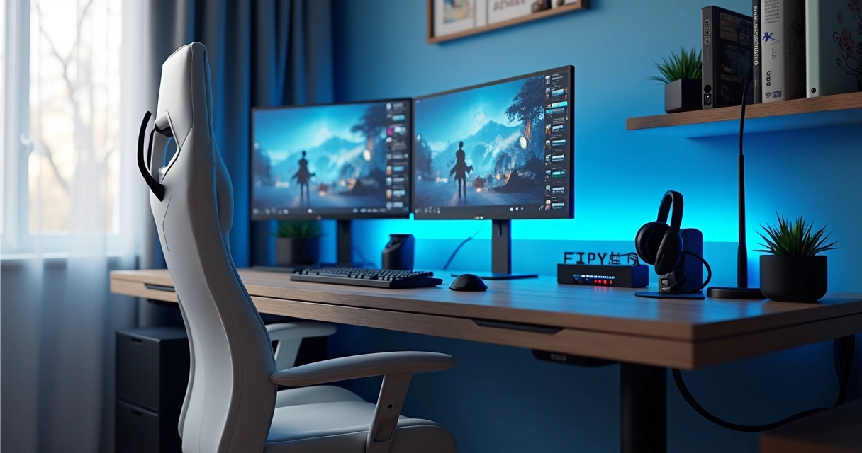 Estação de trabalho gamer com iluminação indireta e monitor ajustado na altura dos olhos. 