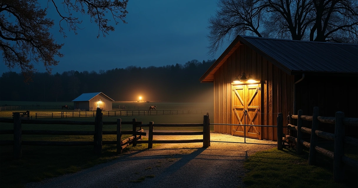 Foco de luz clareando portão e cerca de haras à noite