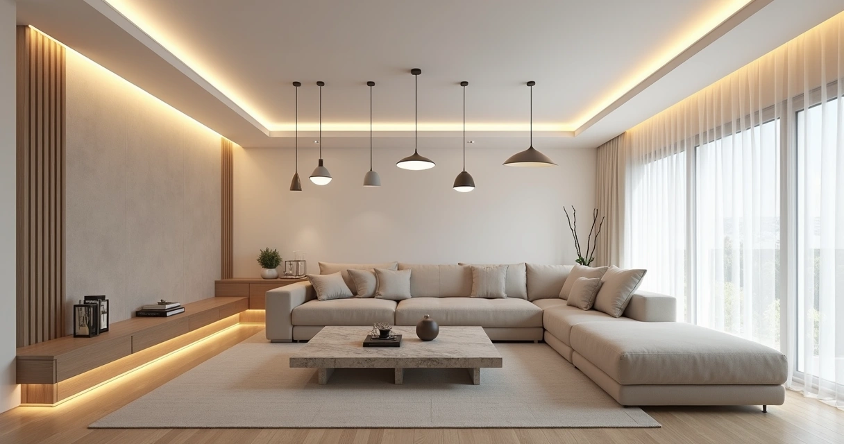 Iluminação indireta e difusa em sala de estar moderna 